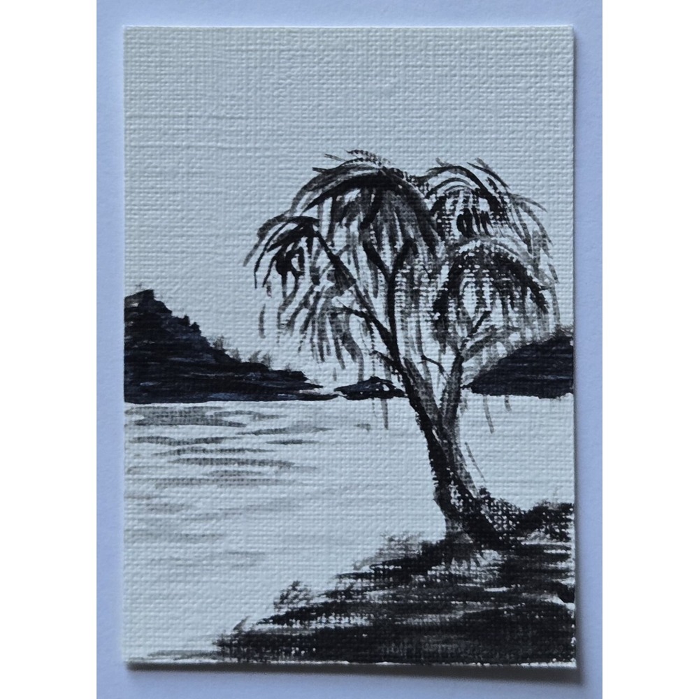 ACEO Original Willow Tree Water Landscape Acrylic Painting Mini Art